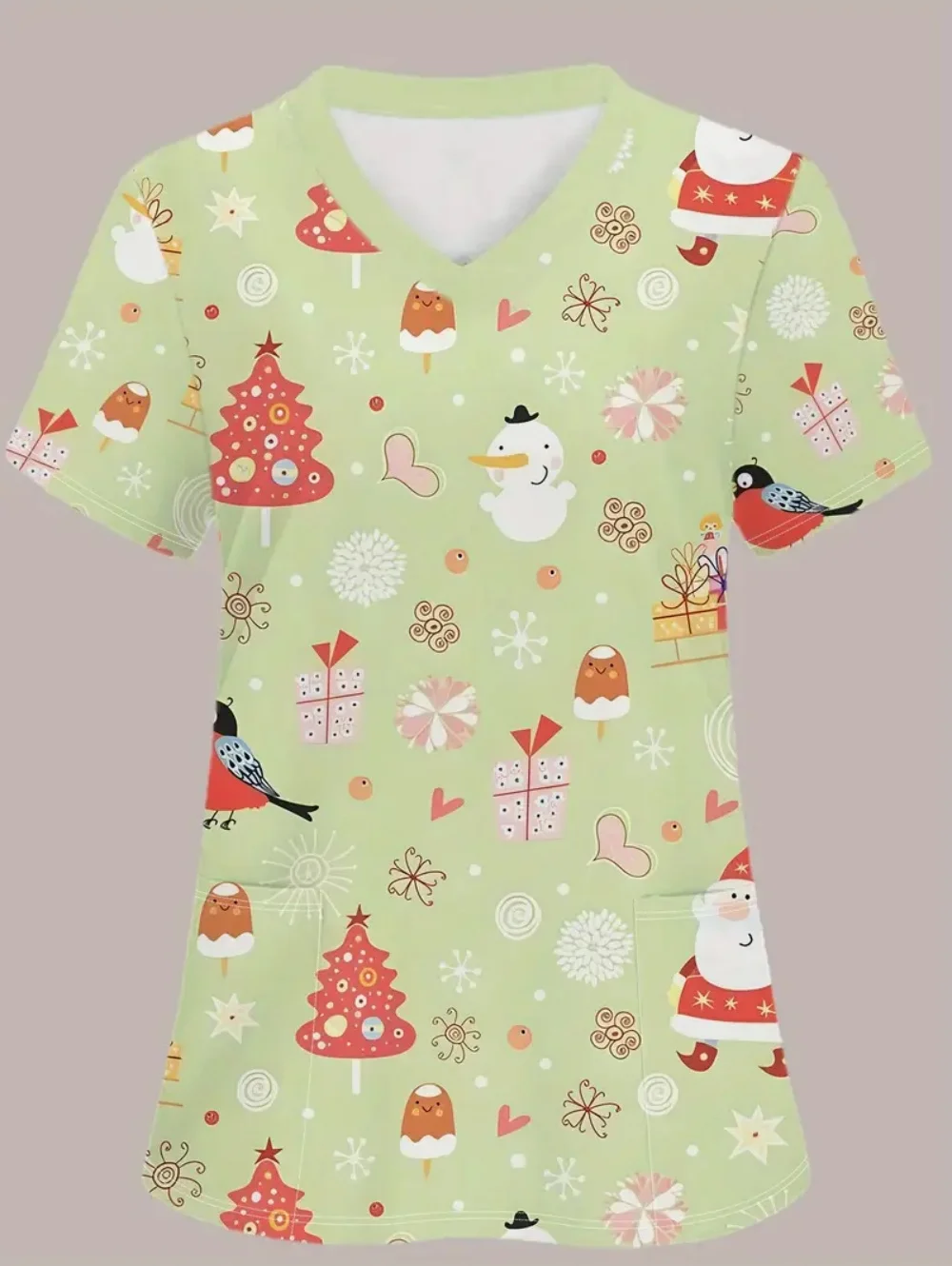 Świąteczne damskie uniformy medyczne Wzór bałwana Dentysta Uniform Moda Krótki rękaw Dekolt w serek Koszulka Scrubs Uniform Kobieta