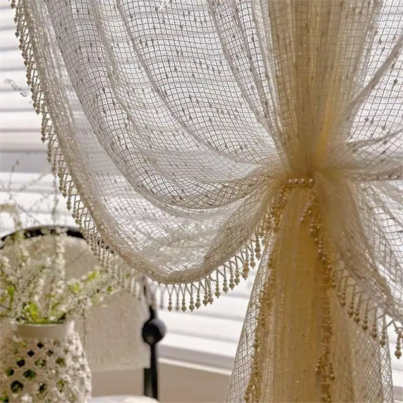 

French Romantic Cream Vintage Pearl Lace Fairy Glossy Yarn Curtain Premium Curtain for Living Room and Bedroom