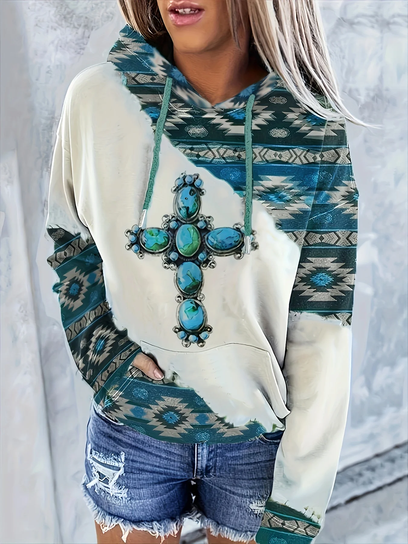 المرأة الغربية العرقية طباعة البلوز هوديي عارضة الرجعية طباعة مقنعين البلوز الملابس النسائية قمم #1