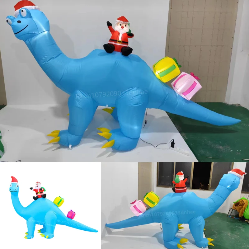 3.1M Long Christmas Inflatable Blue dinosaur carrying Santa Claus with Gift LED Lights Outdoor Courtyard Holiday Decorative Prop