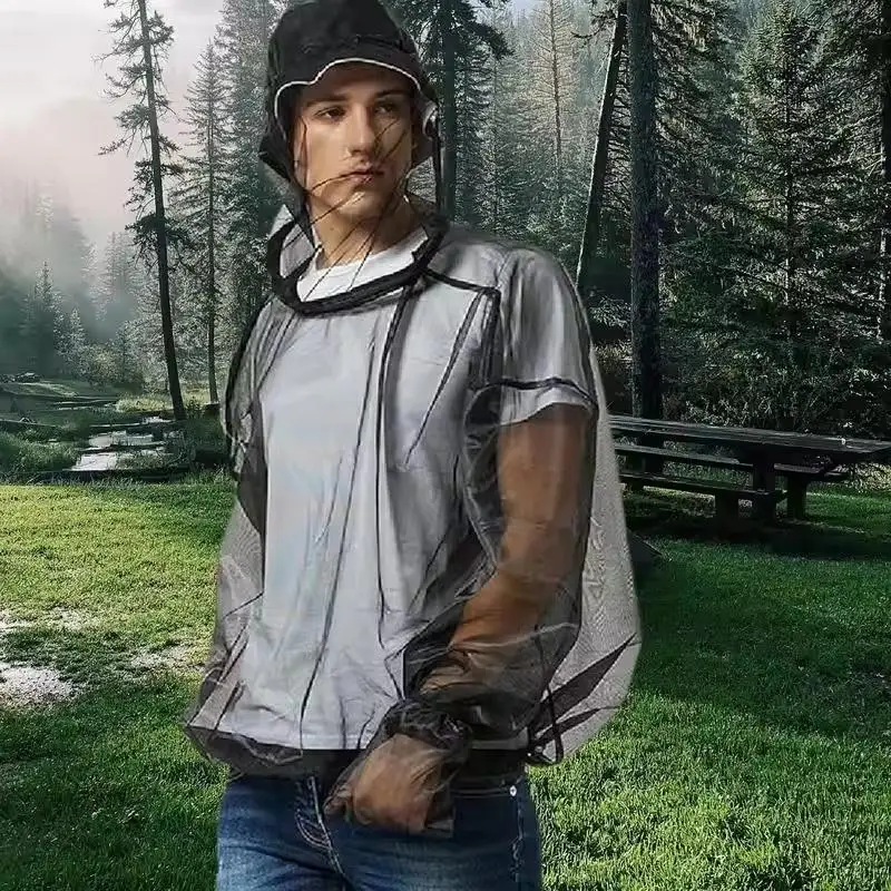 保護狩猟、釣り、ハイキング用メッシュフード付き防虫ジャケットスーツ、防蚊ネット、ミットメッシュ服、キャリーポーチ