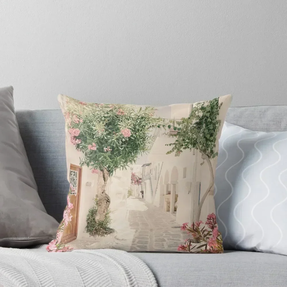 Santorini Greece Mamma Mia Pink Oleander Cottage Wall Art Prints Throw Pillow Decorative Cushion Cover pillow