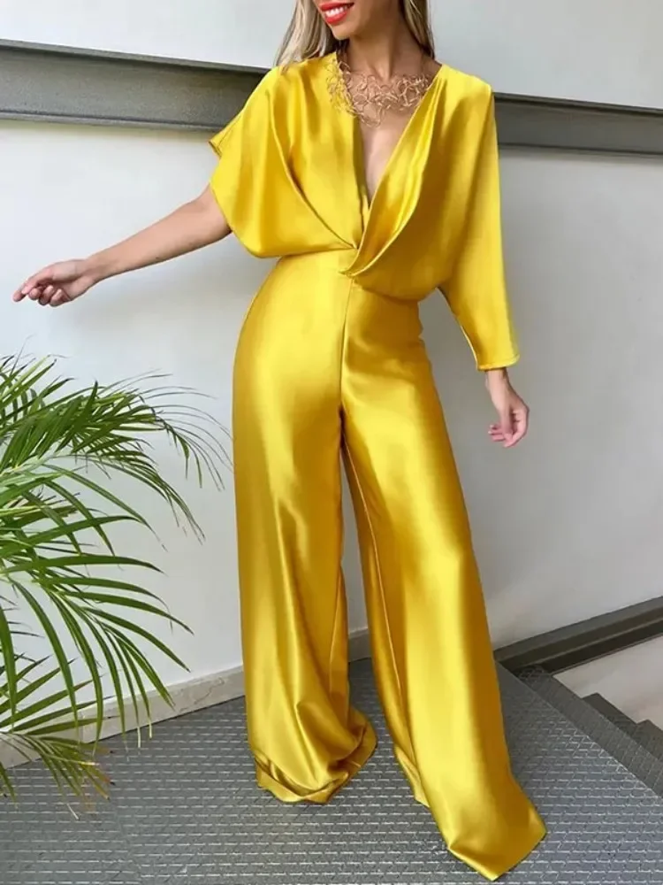 

Bohohipei 2024 New Summer Deep V-Neck Wide Leg Party Jumpsuits For Women Fashion Asymmetric Solid Color High Waist Jump Suits