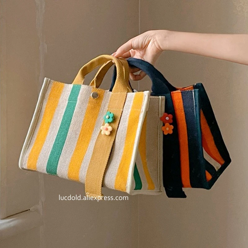 Rainbow striped cotton and linen canvas bag women\'s waterproof bags new one-shoulder large messenger bag portable commuter tote