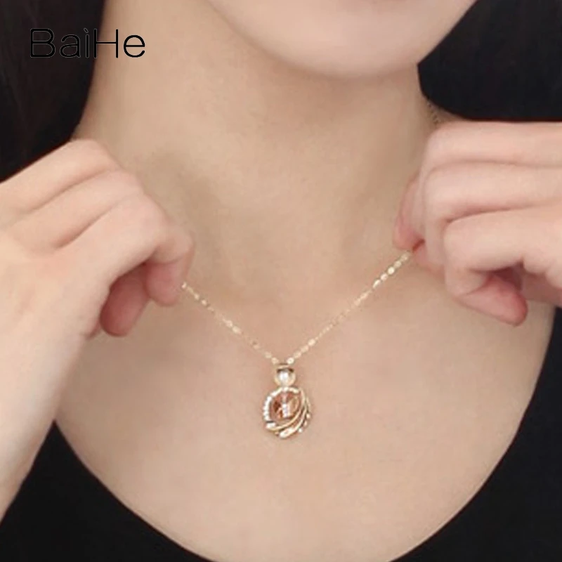 BAIHE Solid 14K Yellow+Rose Gold H/SI Natural Diamond Bowknot Necklace Women Fine Jewelry Making łuk naszyjnik muince bogha