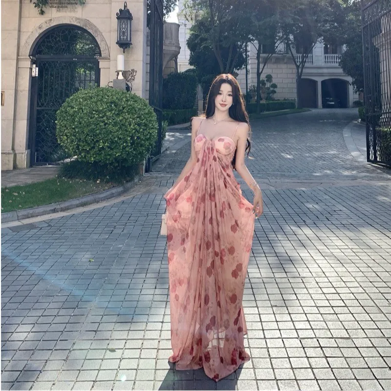 

Hainan Sanya Beach Vaion Loose Long Dr Pink Flower Dyed Tube Top Strapl Gown Women Floor Length Summer Travel Outfit