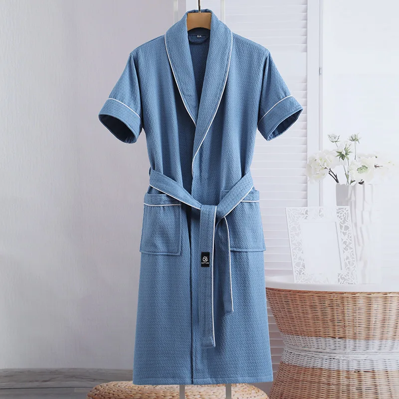 100% Cotton Summer Bathrobe Waffle Water Absorption Kimono Nightgowns Short Sleeves Pajamas Spa Bath Robe Sleepwear Home Wear