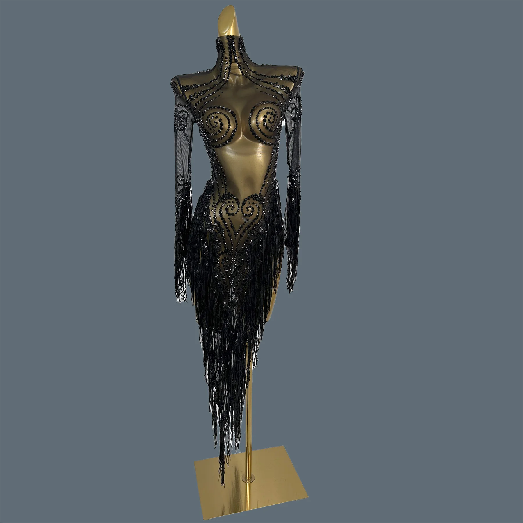 

Women Party Sparkly Rhinestone Tassel Outfit Latin Dance Dress Sexy Black See Through Mesh Dresses Showgirl Stage Wear Heitao