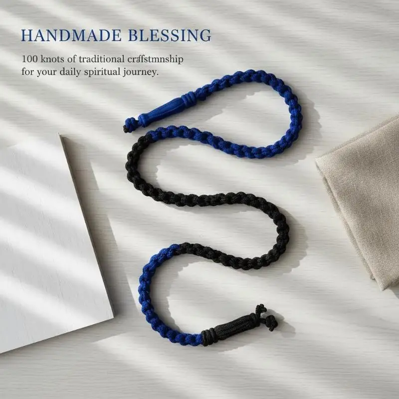 Black/Blue Komboskini Knot Necklace Handmade Orthodox Religous Rosary Prayer Rope Cross Jewelry Gift