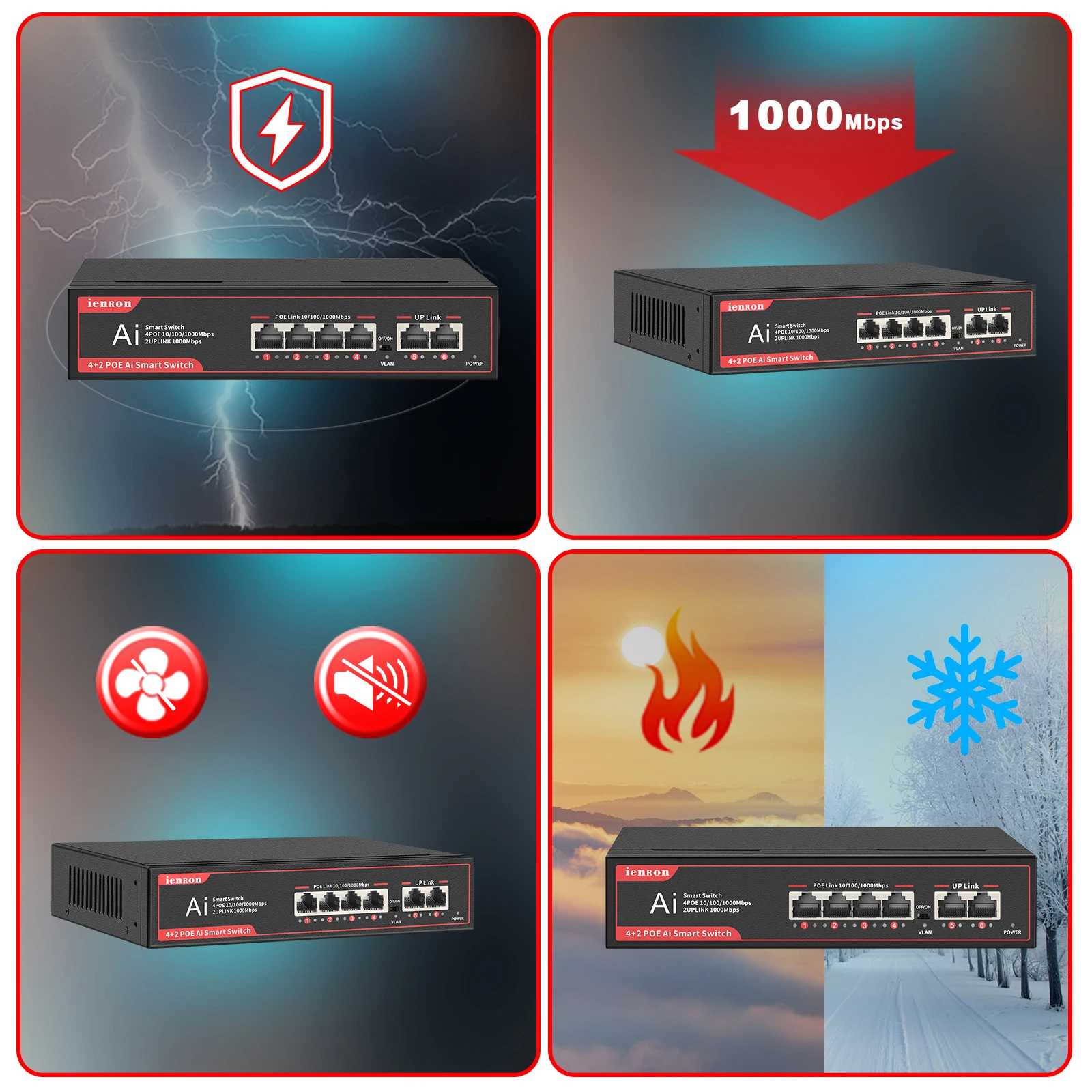 IENRepository-Commutateur intelligent réseau Gigabit Ethernet, commutateur Poe, 1000 Mbps, 4 ports POE + 2 ports UpLink, alimentation 52V pour caméra IP, routeur WiFi