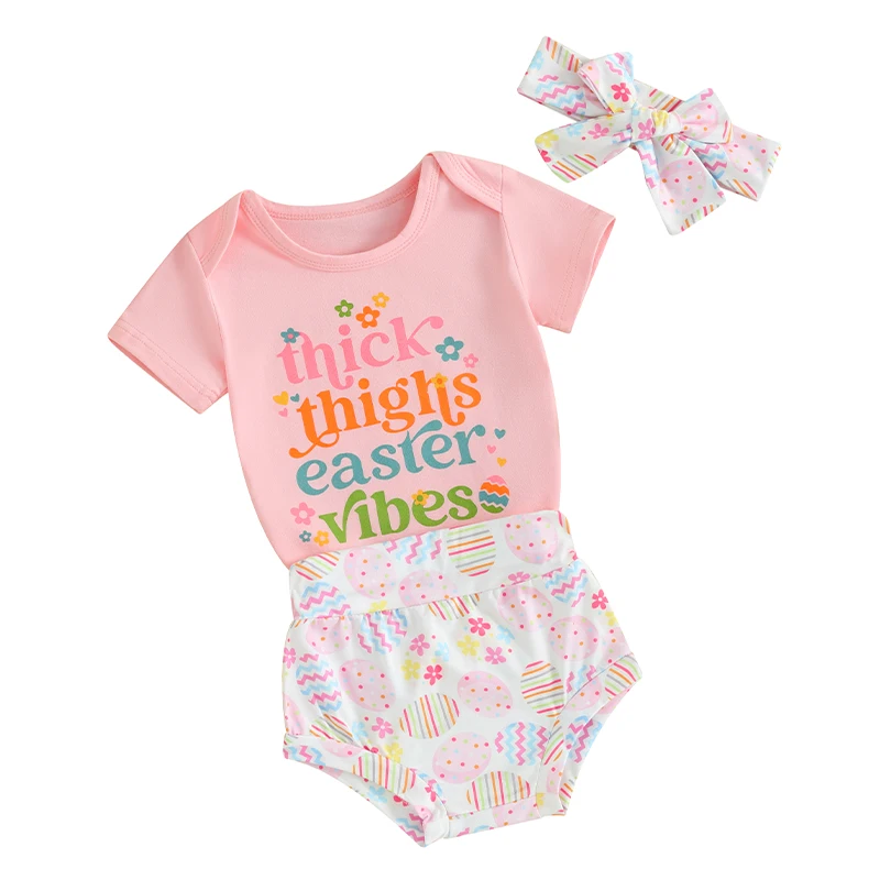 

Baby Girls Easter Outfits Letter Print Short Sleeve Romper and Egg Print Shorts Cute Headband Summer 3 Piece Clothes