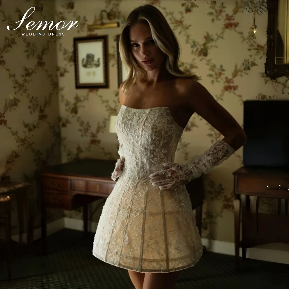 Semor Customized Charming Short Wedding Dress with gloves 2026 New Exquisite Lace Applique Strapless Mini Vestidos De Novia