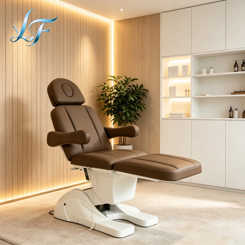 Three Motor Electric Brown Leather Massage Lash Bed For Professional Aesthetic Clinic Salon Beauty Furniture