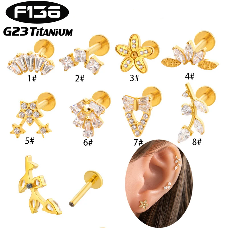 

1PC G23 Titanium Piercing Labret Studs Internal Thread Lip Stud Earring Zircon Leaf Crown Helix Conch Cartilage Body Jewelry 16G