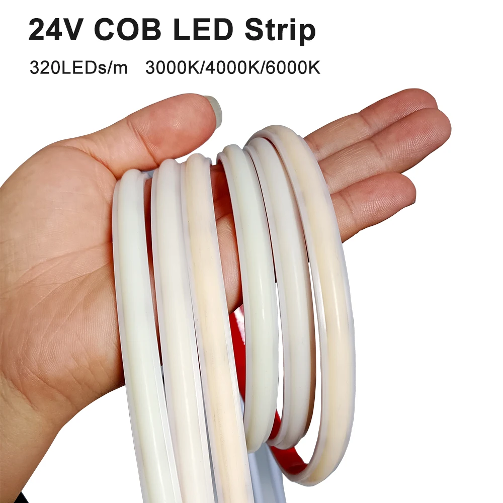 0.5m-10m DC24V COB LED Strip High Density Linear Flexible Neon Light 320LEDs Waterproof IP67 3D Curved Design 3000K 4000K 6000K