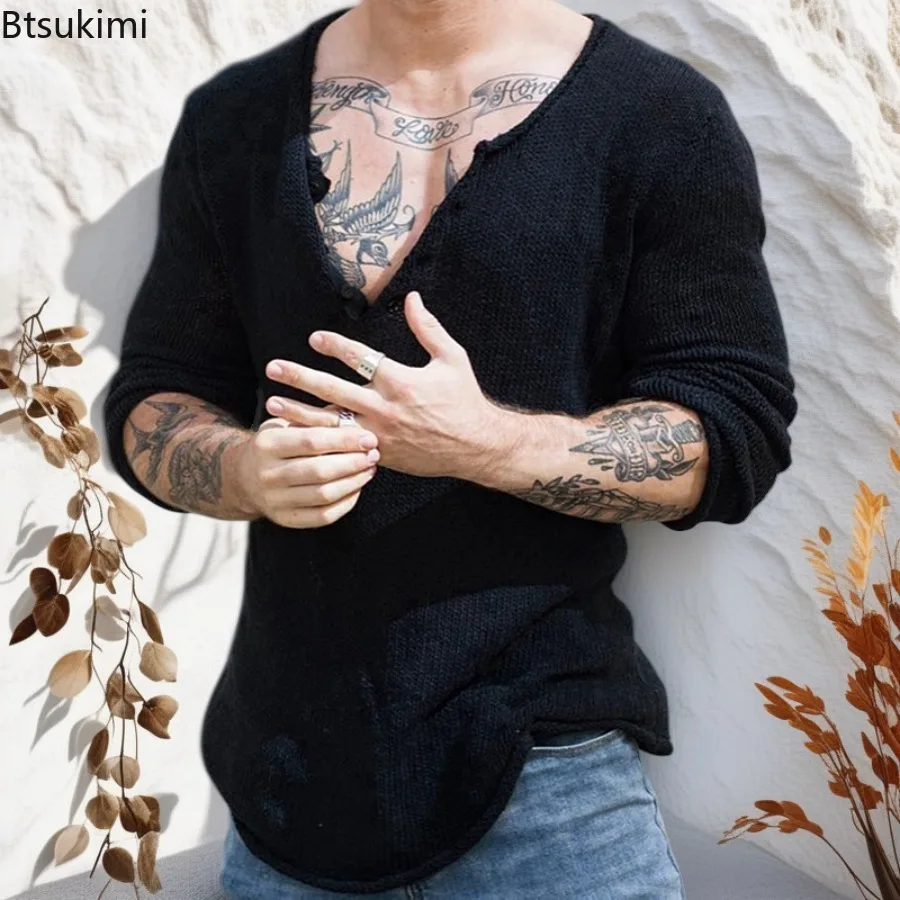 Spring Autumn Men's Casual V-neck Thin Sweaters Solid Long Sleeve Knitted Pullover Men Harajuku Streetwear Vintage Knitwear Tops