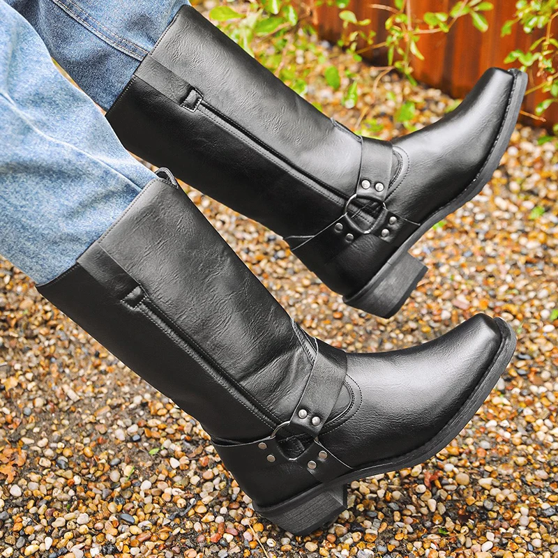 

Мужские повседневные высокие мотоциклетные ботинки, черные, коричневые туфли из натуральной кожи, ковбойские длинные ботинки, вечерние платья для выпускного вечера, крутой рыцарь, botas hombre
