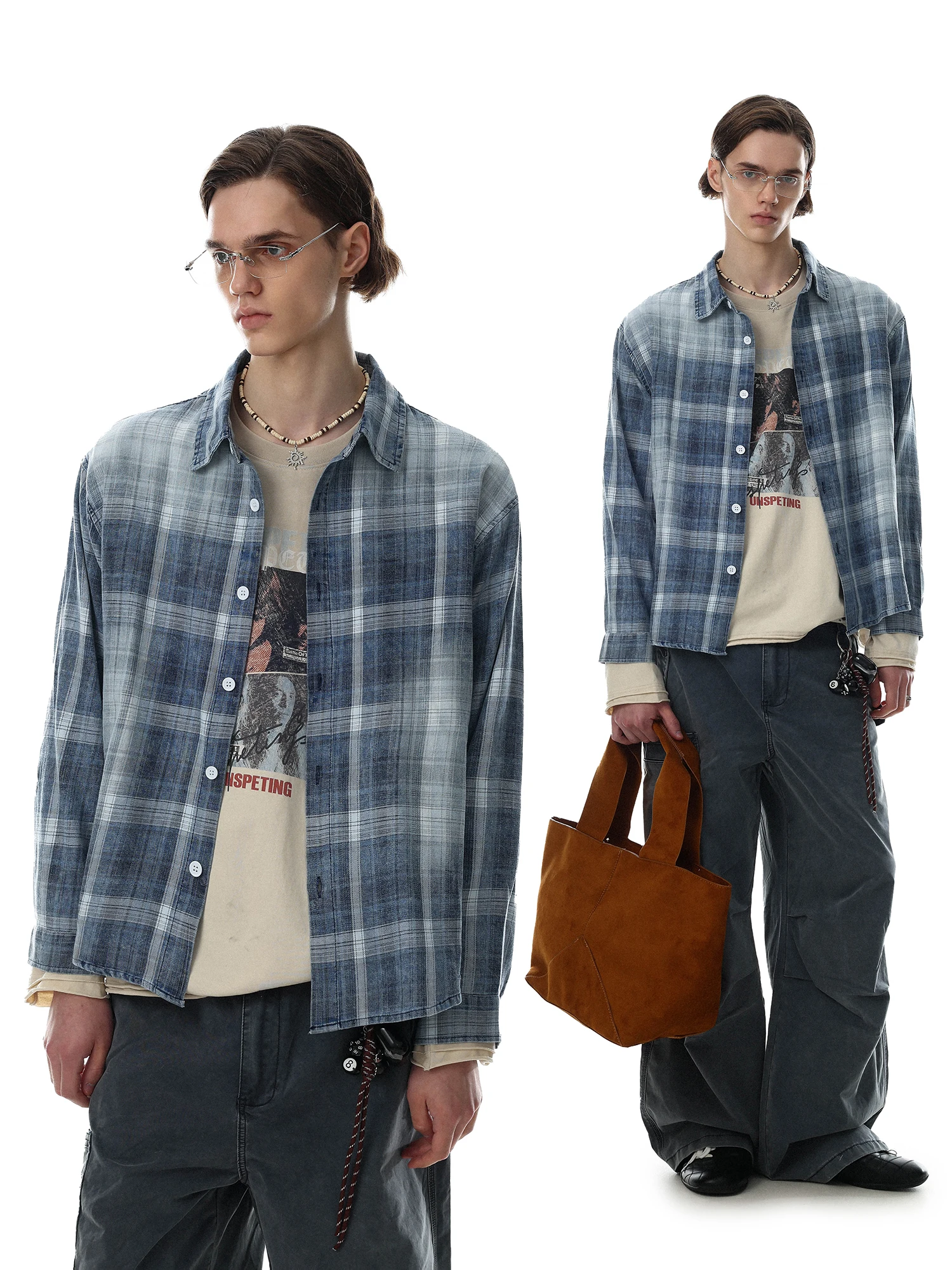 American Retro Washed Plaid Color Block Long Sleeve Men's Shirt Casual Loose Fit Cotton Breathable Comfortable Autumn Wear