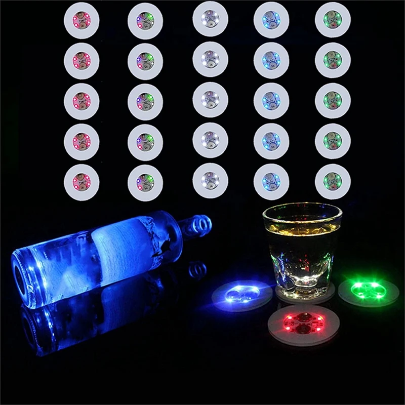 25 Pcs LED Coaster Round Flash Cup Mat Sticker Lights For Wine Liquor Bottle, Drinks Party, Bar Party Promotion