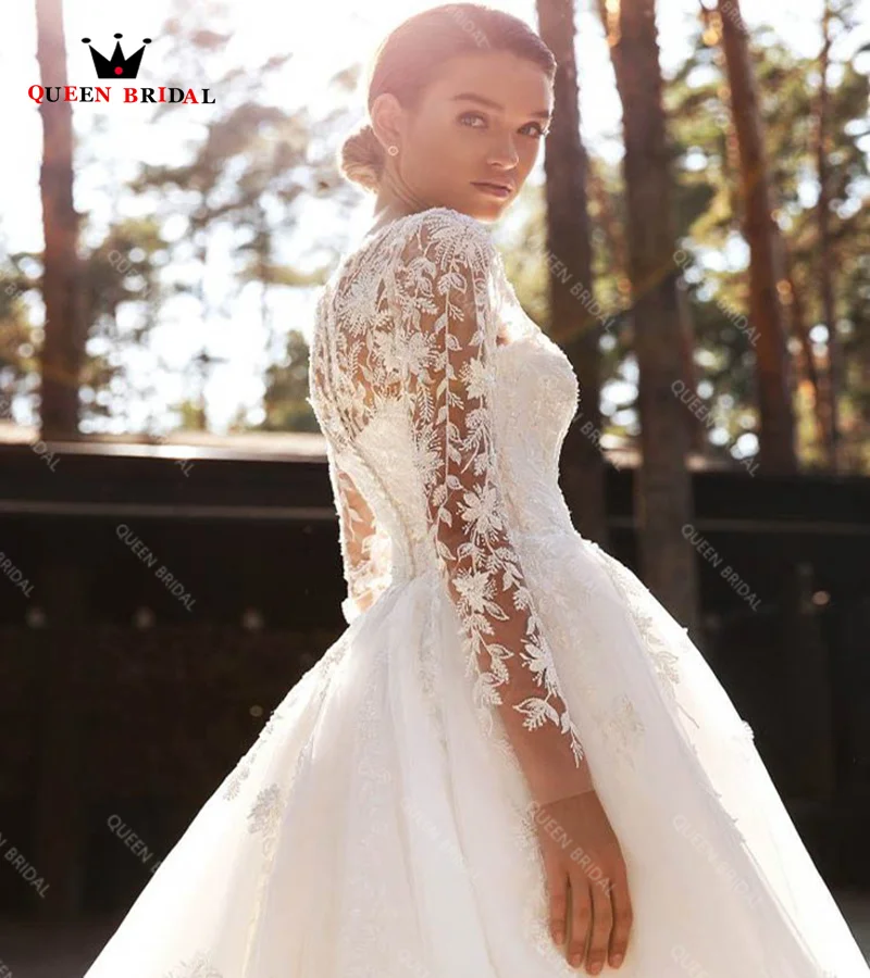 Vestido de novia de manga larga con cuello redondo, vestido de tul con encaje, elegante, con apliques, hecho a medida, DE18, 2023