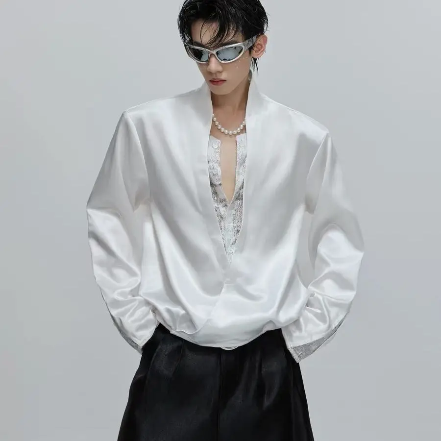Korean Shirt New Arrival Luxurious Fake Two-Piece Lace Loose-Fit Cropped Patchwork Elegant Curved-Silhouette Top For Men Blouse