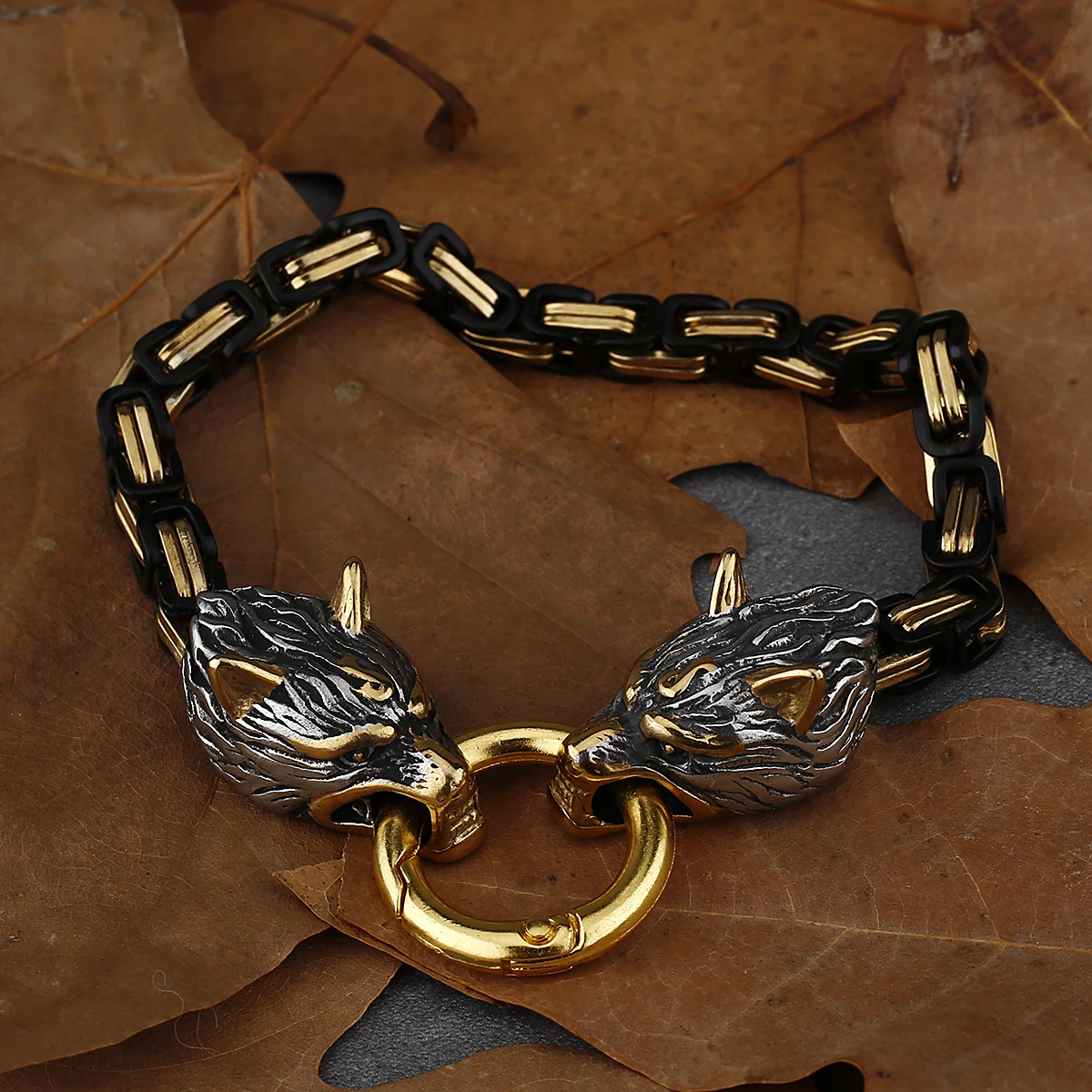 Viking Wolf Head Stainless Steel Bracelet Men's Domineering Mixed Gold Color Thick Chain Wristband Punk Hip Hop Party Gift