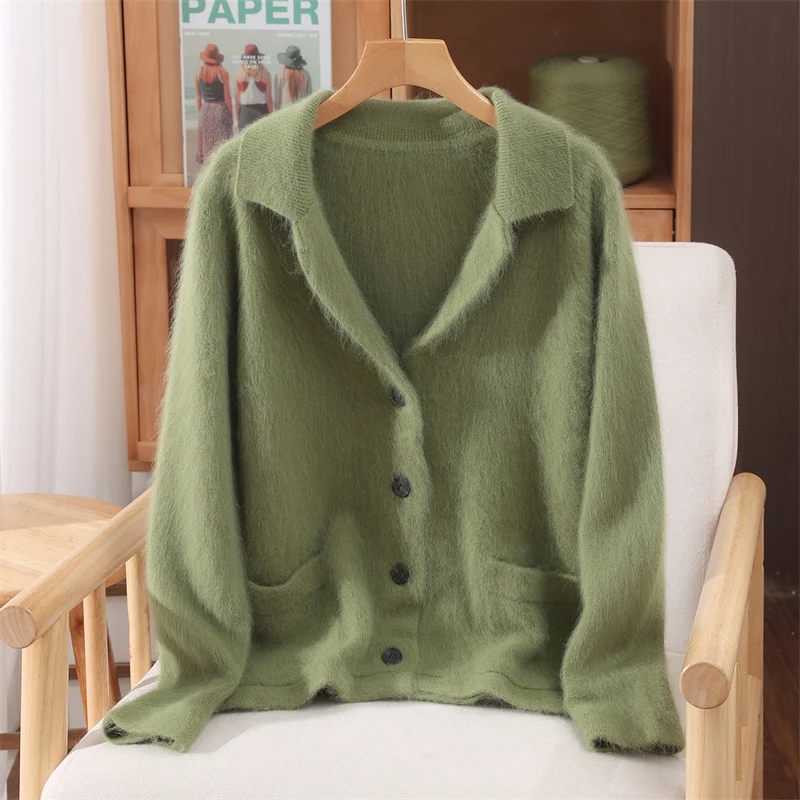 

Women’s 100% Mink Cashmere Sweater Cardigan Suit Collar Thick Long Fluff Knitwear Autumn Winter Office Lady Style Warm Coat Top