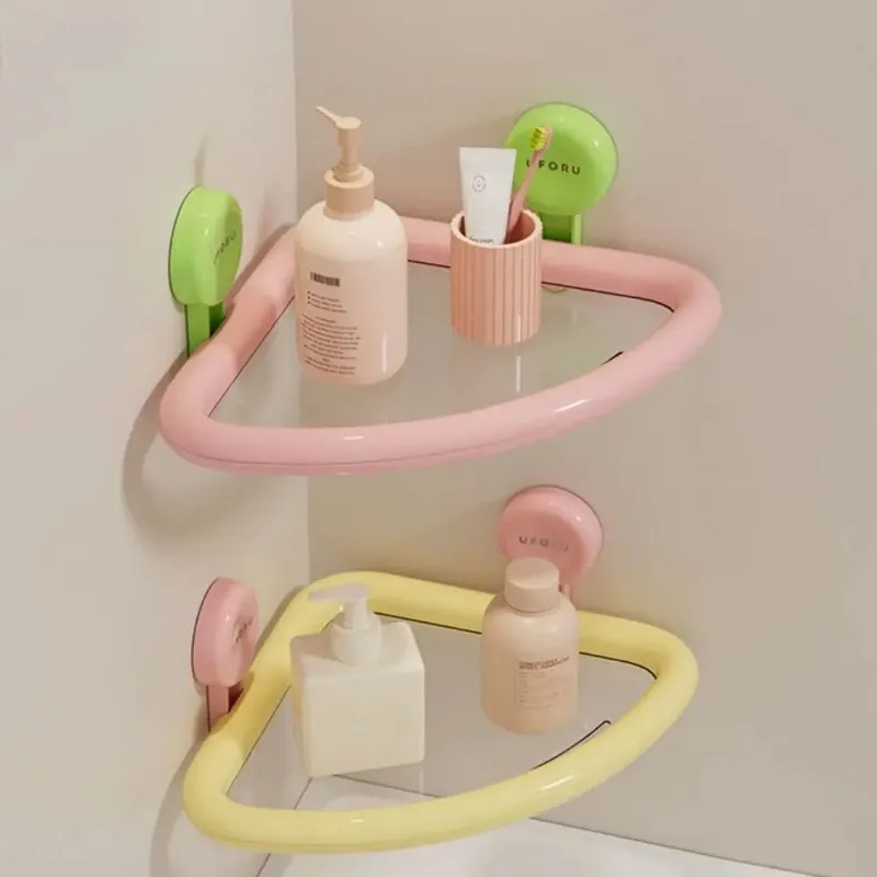 Étagère d'angle murale triangulaire en plastique à ventouse, couleur Dopamine, pour douche, drainable, sans perçage