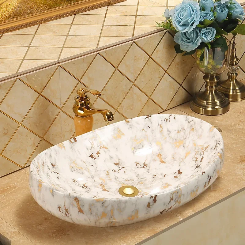 Luxury Gold Marble Ceramic Washbasin European Style Bathroom Sink Water Transfer Print Basin Household Countertop Wash Hand