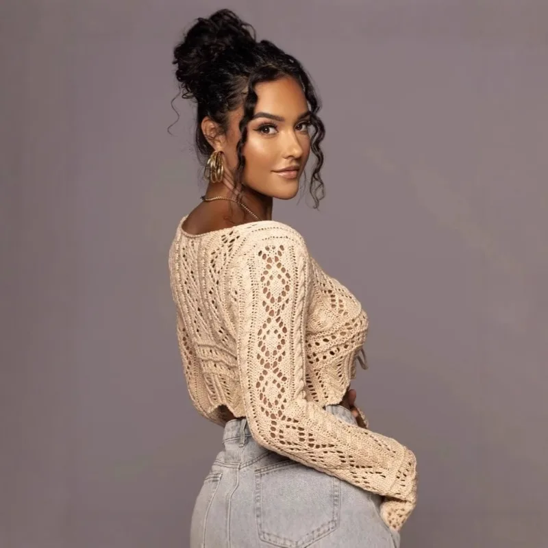 女性のセーターシックな新しい V ネックカットアウトクロップドトップスレースアップブラウスセクシーなスパイシーニットトップス快適なさわやかな長袖