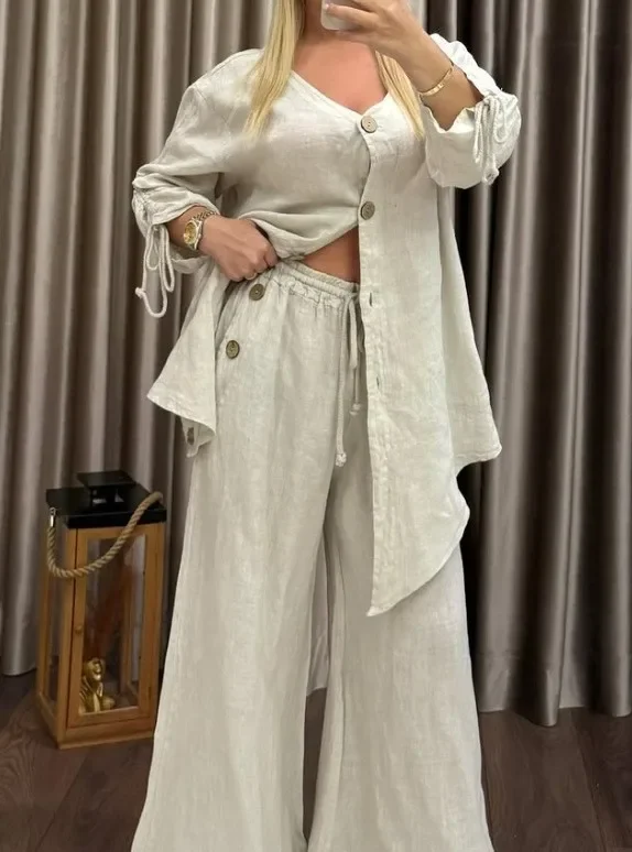 Conjunto informal de dos piezas de lino y algodón para mujer, camisa holgada de manga larga con cuello en V y una hilera de botones, pantalones de pierna ancha de cintura alta