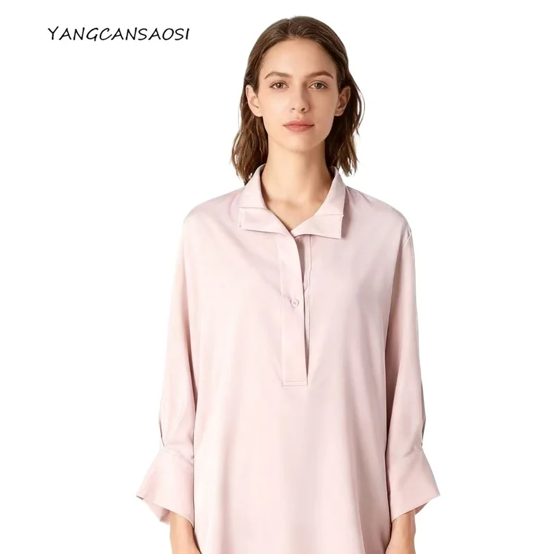 

2025 Women's Fashion New Style 93% Natural Mulberry Silk Elastic Heavy Crepe Solid Half Open Collar Commuting Office T-Shirt