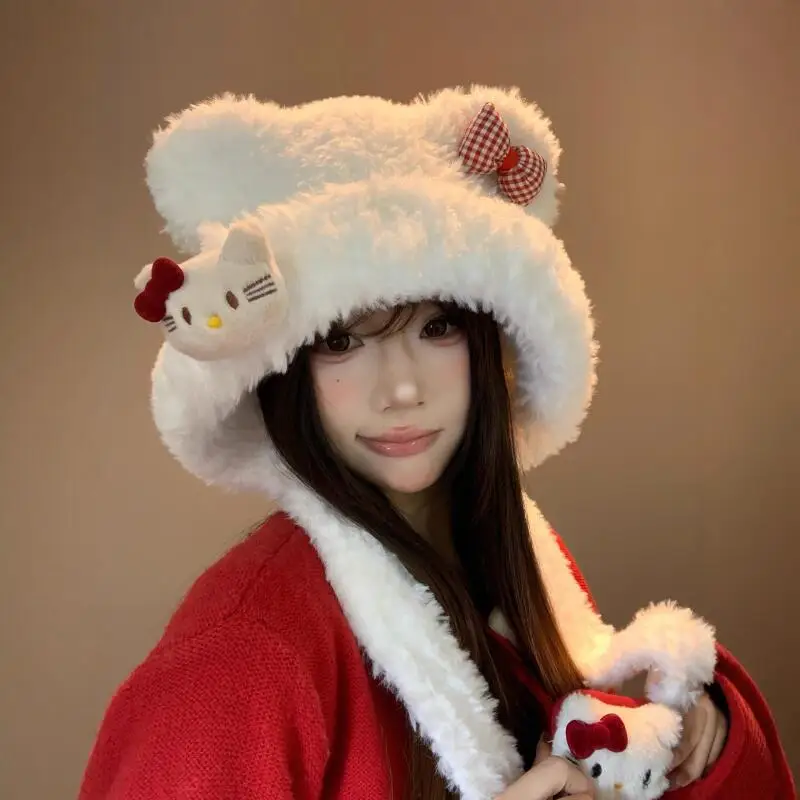 Kawaii Hello Kitty Plush Hat Sanrio Cute Girls Winter Sweet Thicken Warm Soft Hat Cartoon Fashion Bow Tie Hat Christmas Gift