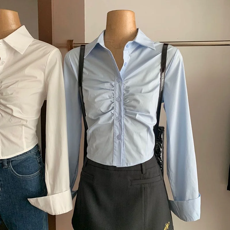 เสื้อเชิ้ตจีบแบบไม่สมมาตร ดีไซน์หรูหรา ทันสมัย โดดเด่นไม่ซ้ำใคร แขนยาว