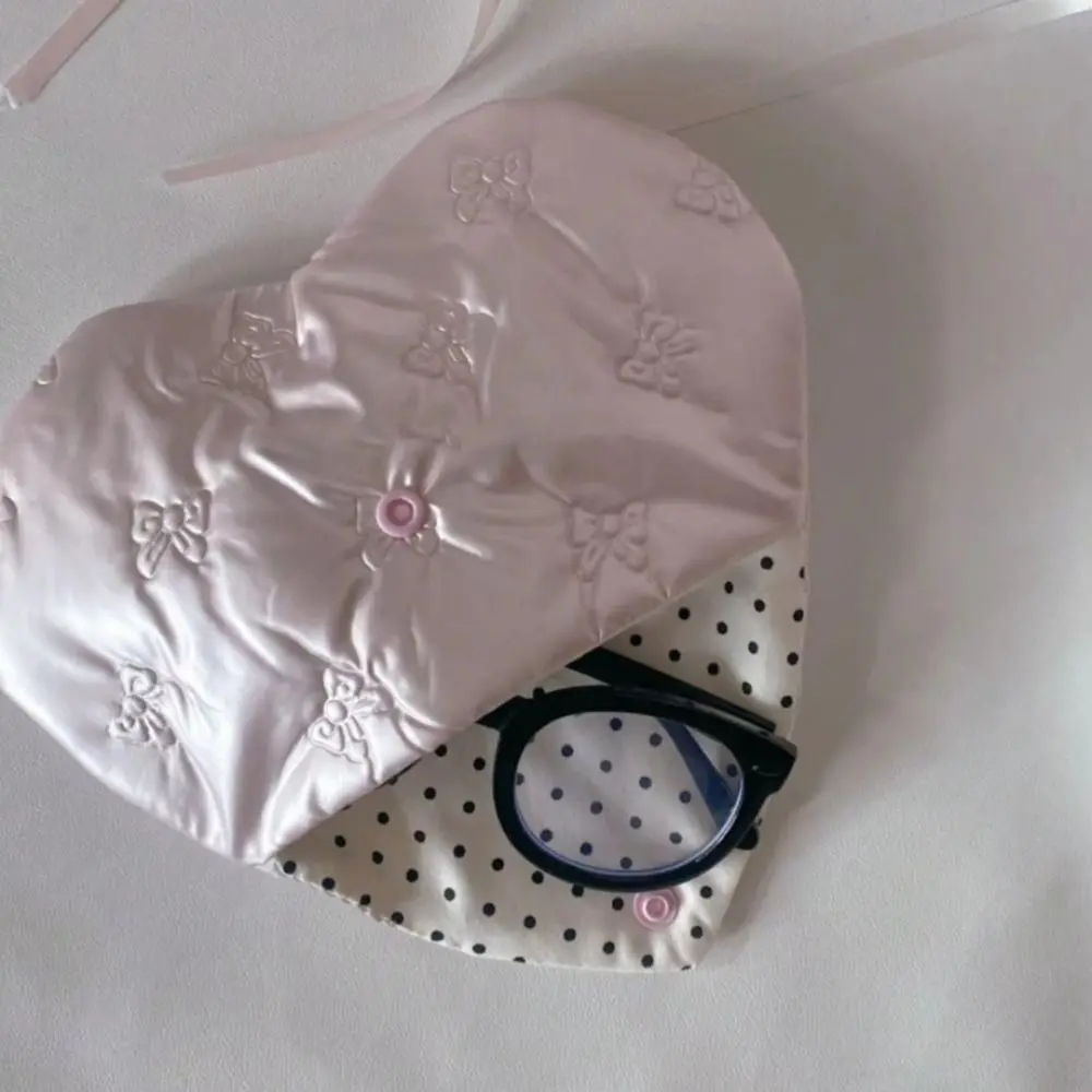 New Bow Embossed Glasses Bag PU Leather Heart Pink Small Items Bags Multifunctional Waterproof Cosmetic Bags