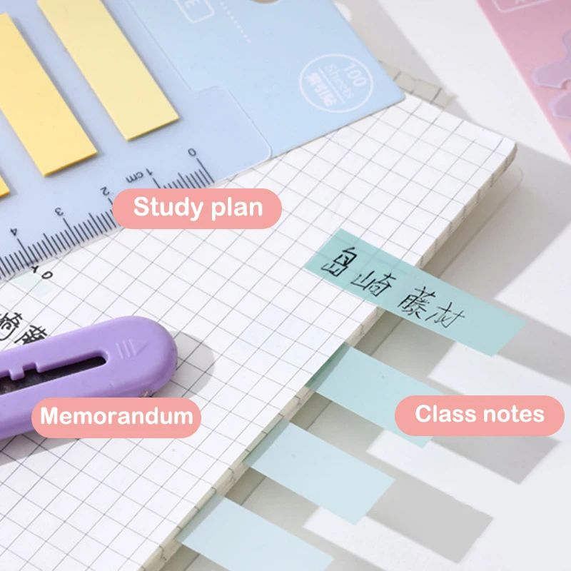 100 시트 컬러 투명 방수 느슨한 잎 라벨 스티커 메모 인덱스 탭 스트립, 학교 사무실 학교 문구 용품