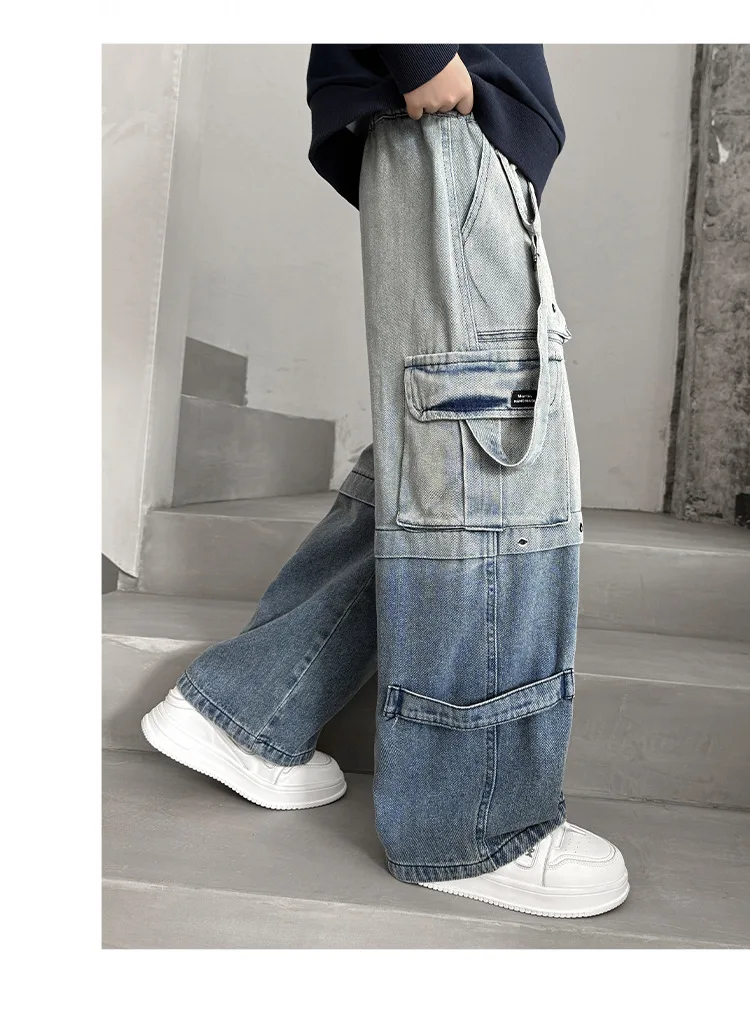 جينز غير رسمي للمراهقين مع جيب كبير للأطفال بنطال جينز فضفاض جديد للأطفال على الموضة ملابس جينز