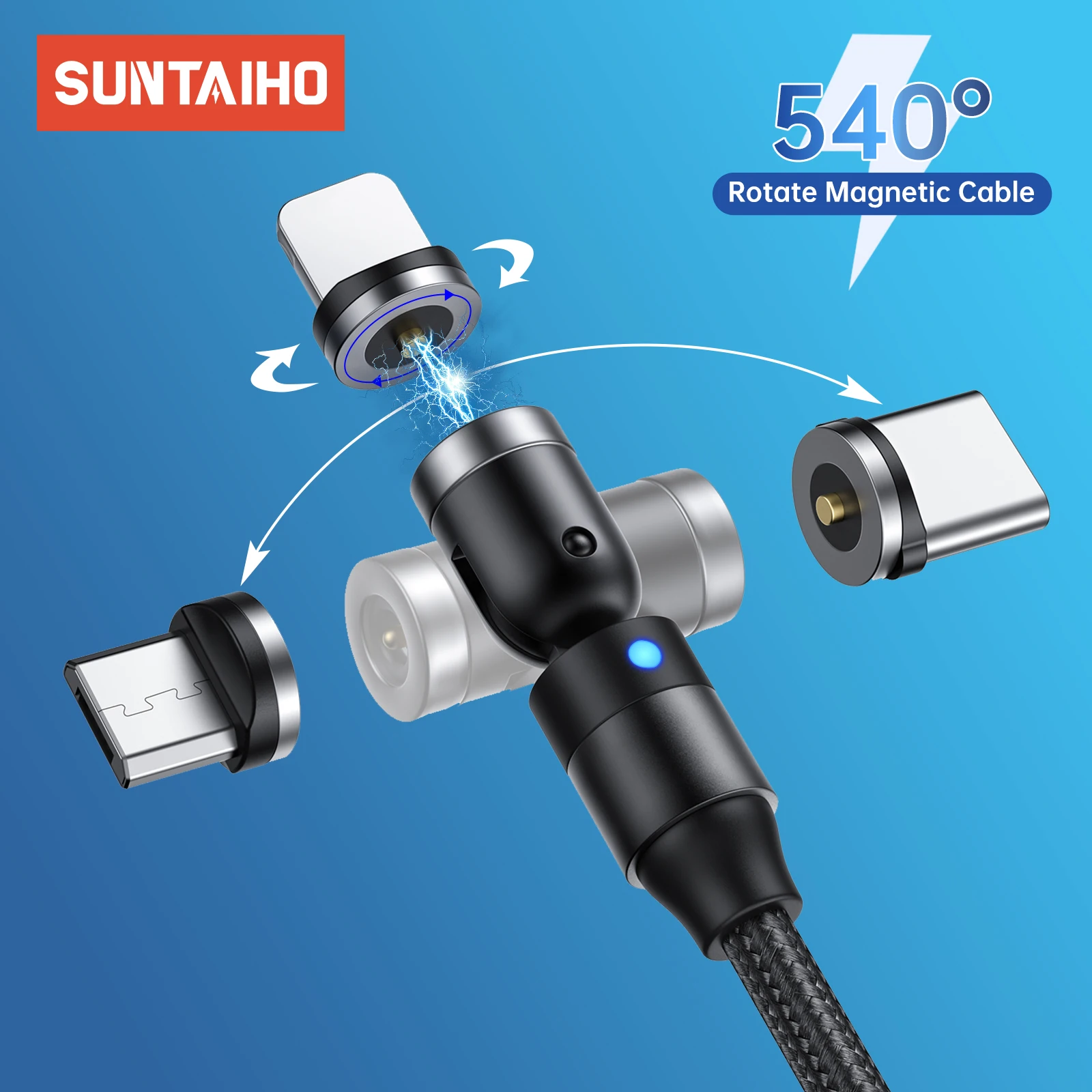 Suntaiho 540 Rotate Magnetic USB Cable Micro USB Type C Cable 3A Fast Charging cable For iphone Samsung Xiaomi Moble Phone Cable