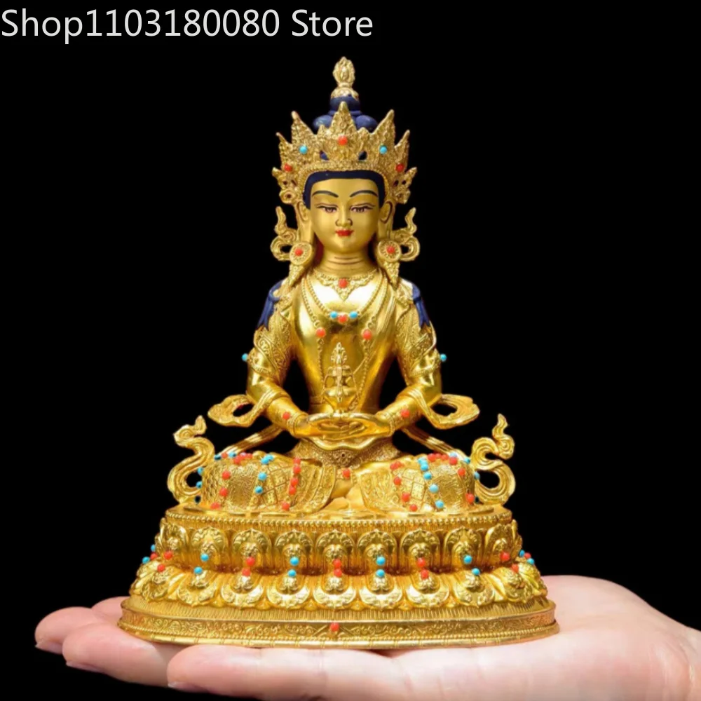 15cm Brass Gilt Amitayus Buddha Statue Inlaid Tibetan Buddhist Ksitigarbha Longevity Deity Sculpture