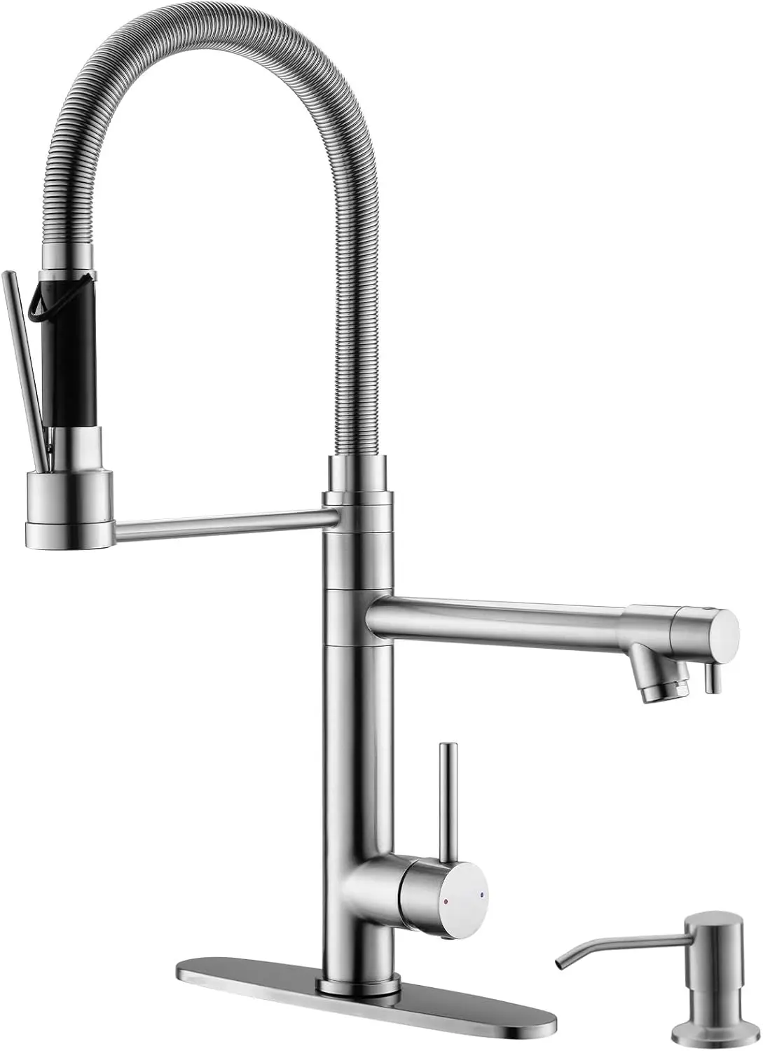

Commercial Kitchen Faucet with Pull Down Sprayer, Soap Dispenser, Double-Headed Single Handle in Brushed Nickel Stainless Steel