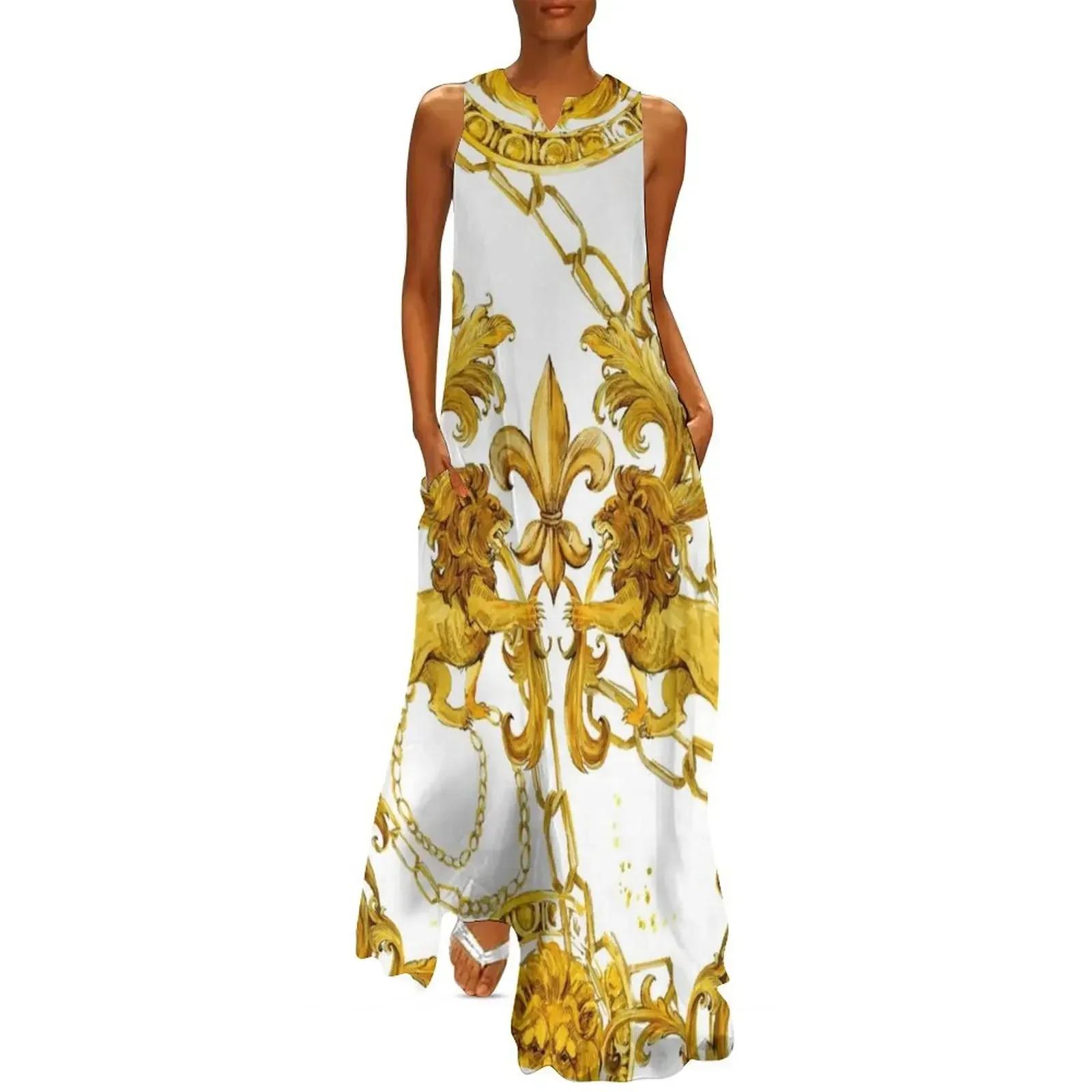 

golden lion baroque seamless pattern. Watercolor vintage gold lace ornament. luxury textile print Long Dress
