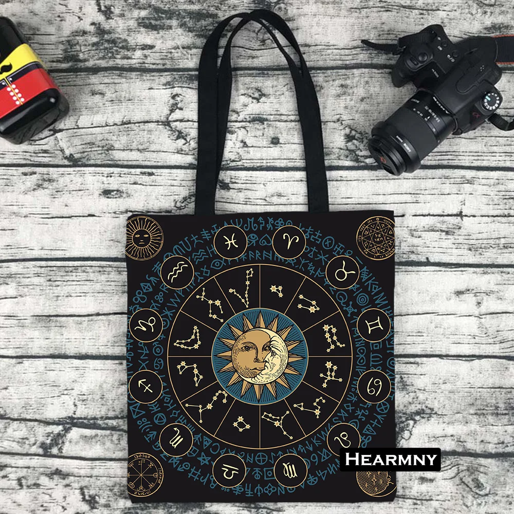 Mandala White Black Sun and Moon Print Linen Totes Bag Tarot Hippie Eco Shoulder Bag Shopping Bolsa Shopper Summer Bag