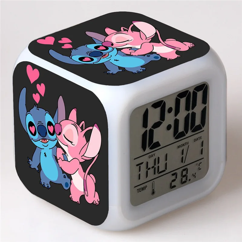 Disney-Lilo & Stitch Despertadores Infantis, Luz Noturna, Mudança de Cor, 7 LED, Mesa, Decoração, Anime, Desenhos Animados, Presente de Aniversário