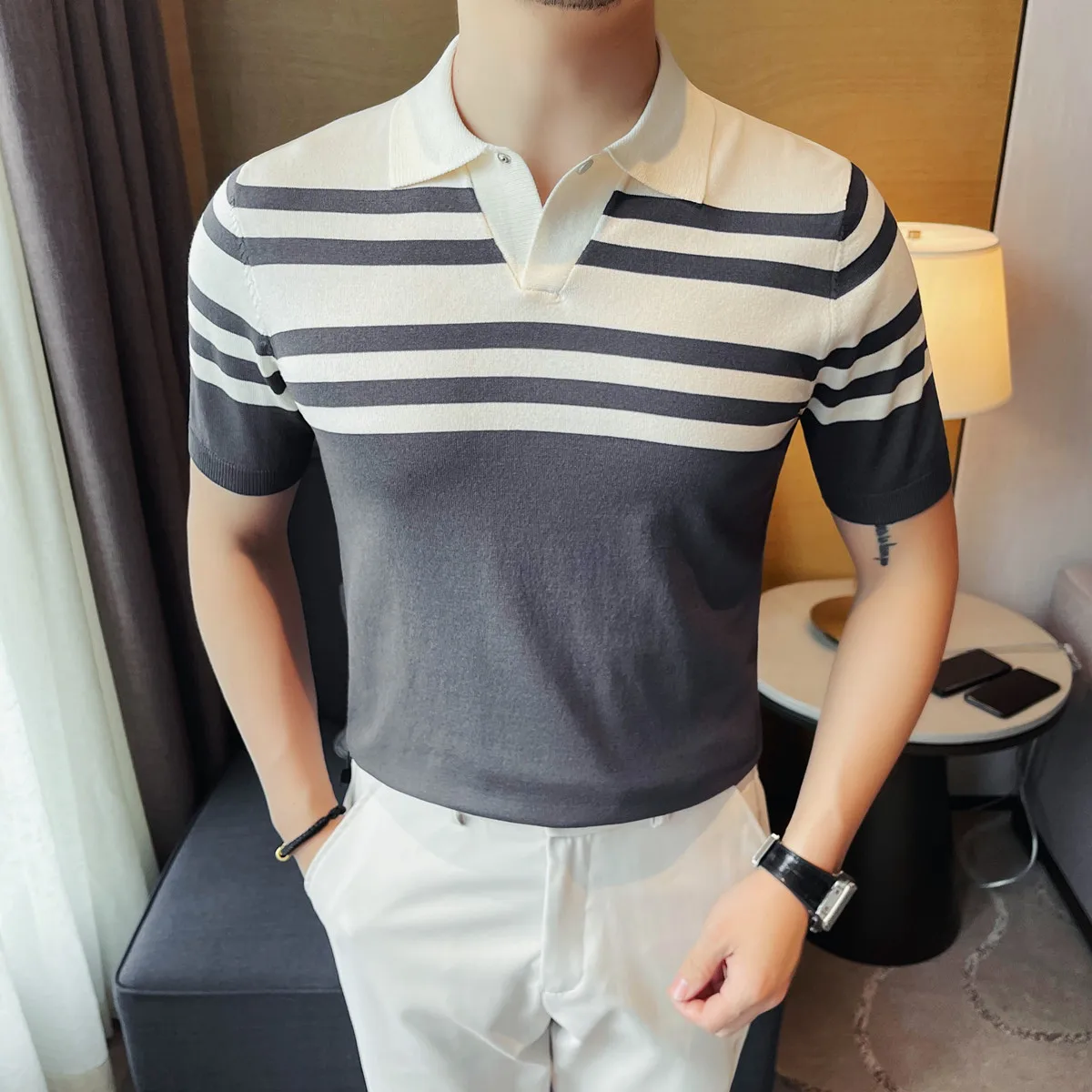 

Summer Knitted Ice Silk Short Sleeved Polo Shirt Men Fashion V-neck Casual Business POLO Tshirts Office Social Lapel Tee Tops