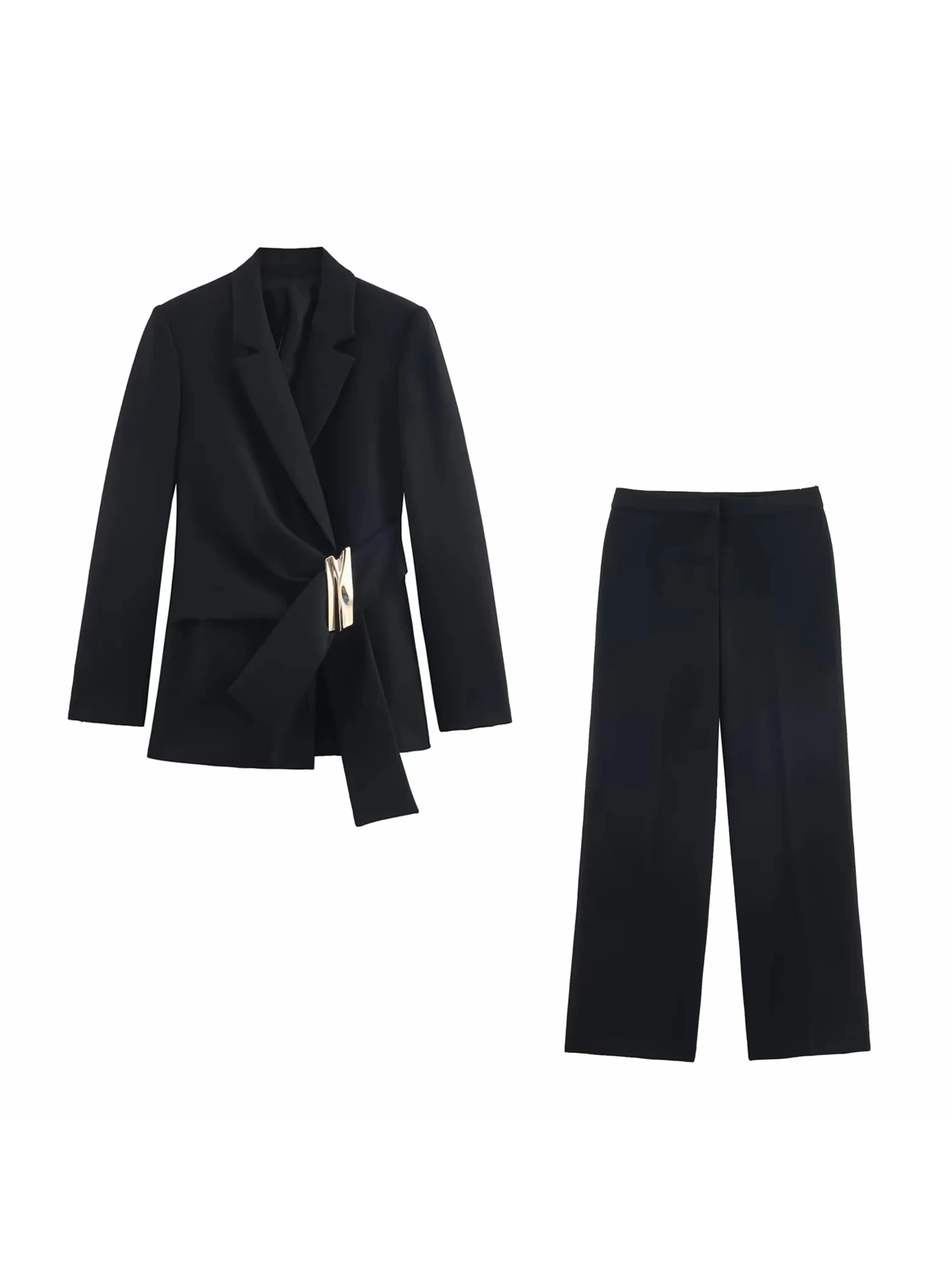 النساء دعوى السراويل قطعتين مجموعة مشبك الديكور طويلة الأكمام السترة معطف مستقيم الساق السراويل 2 قطعة مجموعات شيك امرأة وتتسابق #5