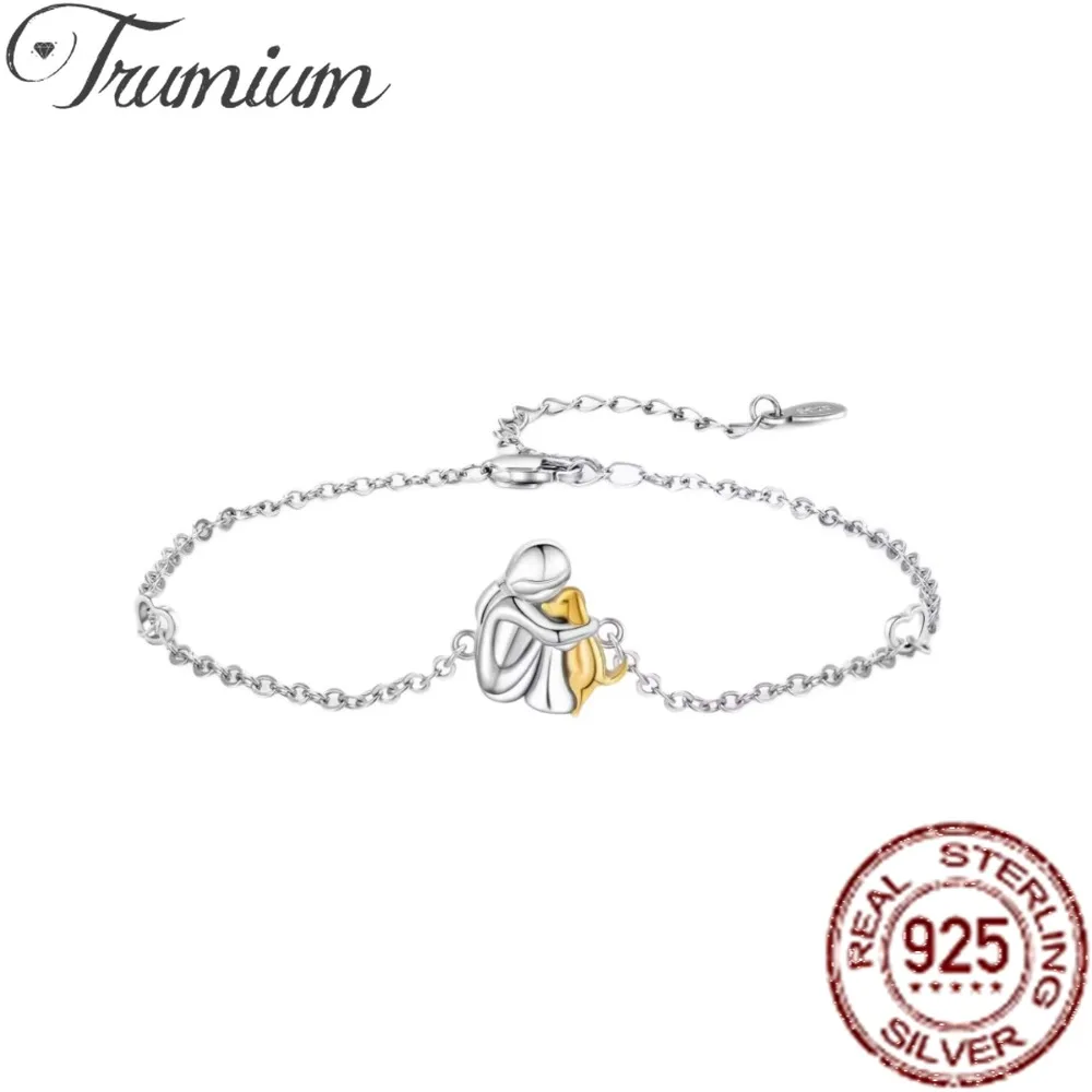 Trumium S925 Sterling Silver Bracelets for Women Two‑Tone Girl Hugging Dog Bracelet Charm Puppy Pet Lover Fine Jewelry Gift