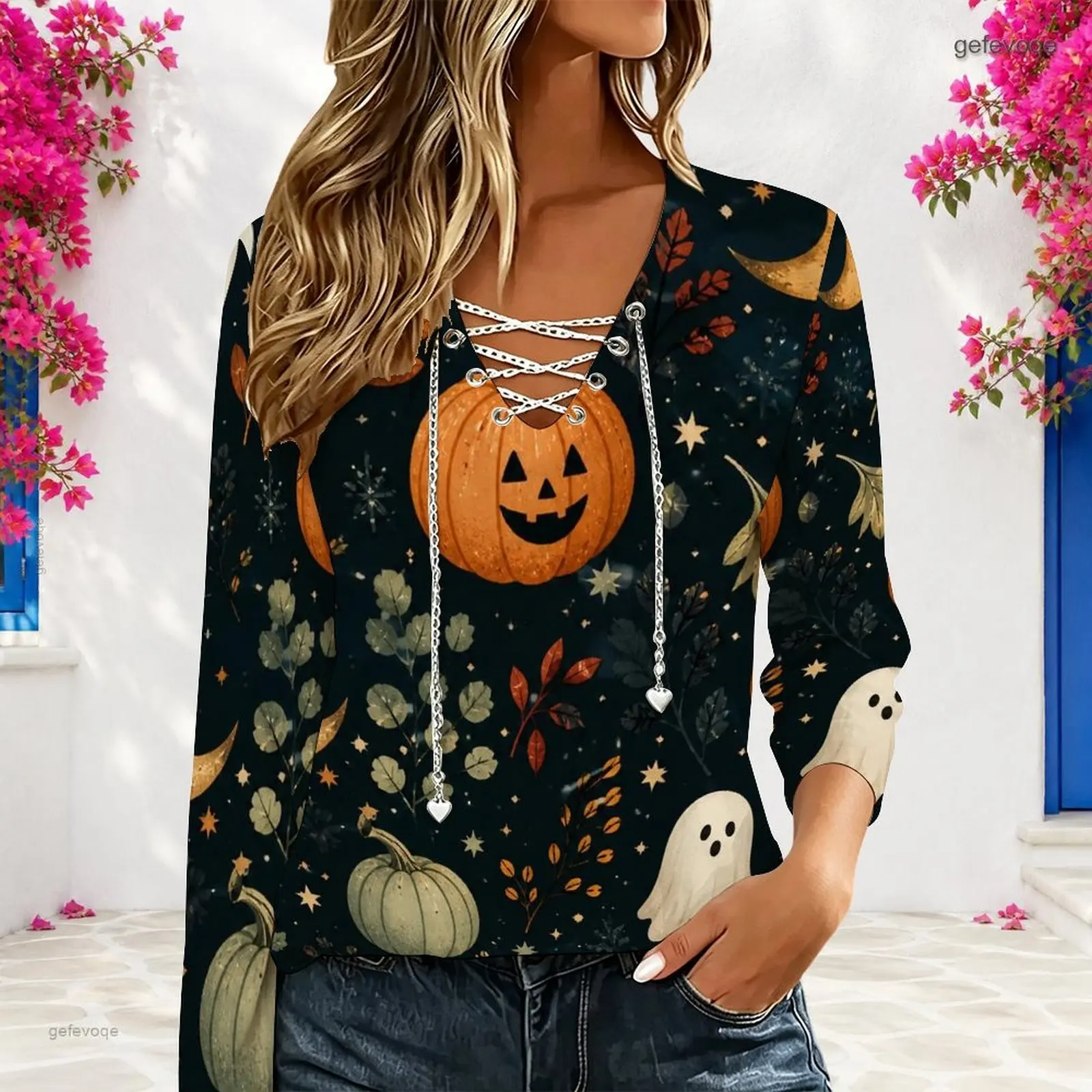 Blusa Casual Holgada para Mujer con Cuello en V, Manga Larga, Cadena Metálica, Cordones Cruzados, Recortes y Estampado Personalizado, Estilo Western