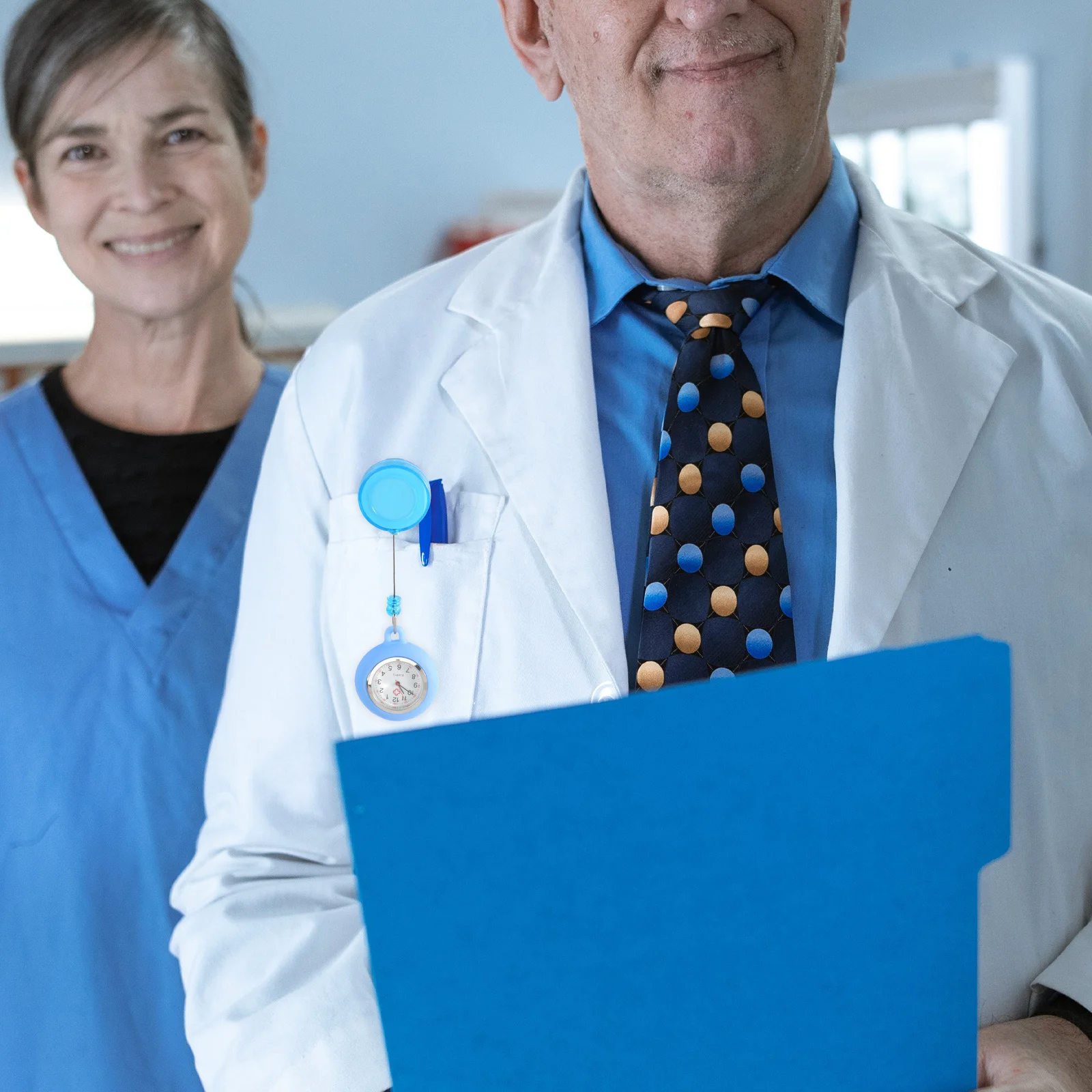 

Light Blue Pocket Watch with Smiling Face Pattern Clip-on Badge Reel Nurse Watch for Students Fashion Hanging Timekeeper
