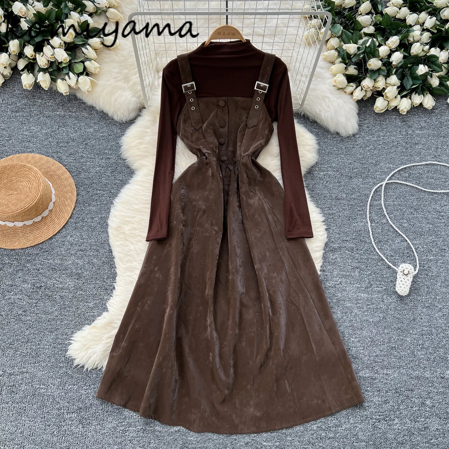 

2025 Autumn New Woman Sets Mock Neck Long Sleeve Bottomed T Shirt Vintage Tunic Vestidos Elegant Fashion 2 Pieces Set