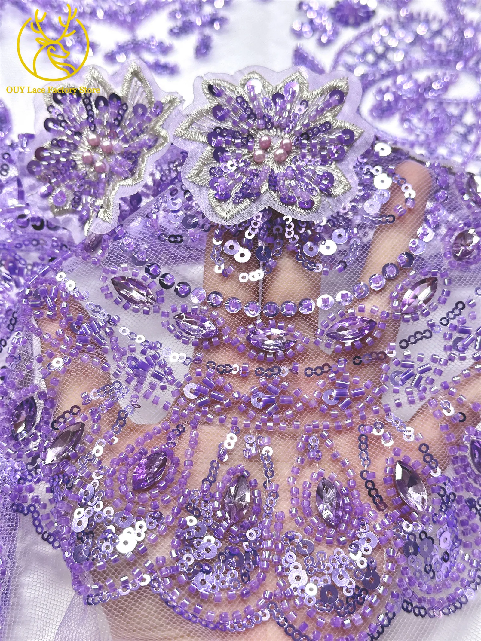 3D-Stickerei Blumen Französischer Mesh-Stein-Spitzenstoff 2026 Afrikanischer Nigerianischer Tüll Perlen-Pailletten-Spitzenstoff für Hochzeitsnäharbeiten – Detail 11